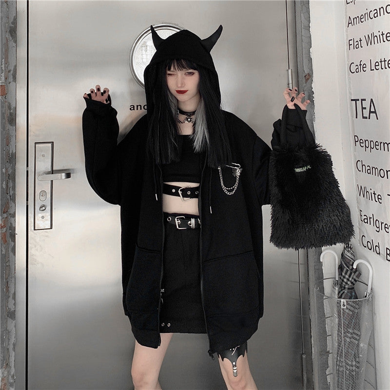 Gothic Devil Horns Zip Up Hoodie