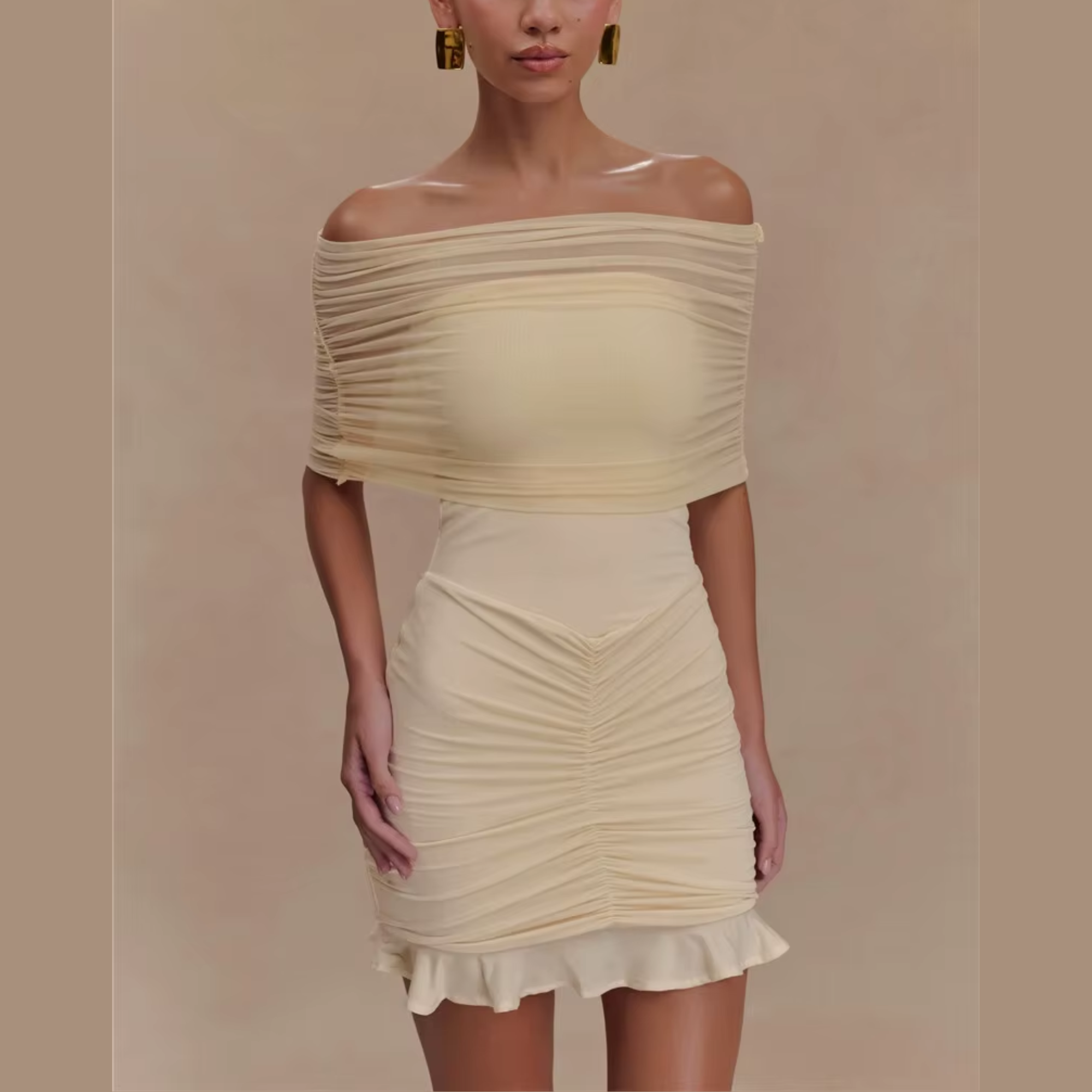 Hazel - Beige Mesh Off Shoulder Ruffled Dress
