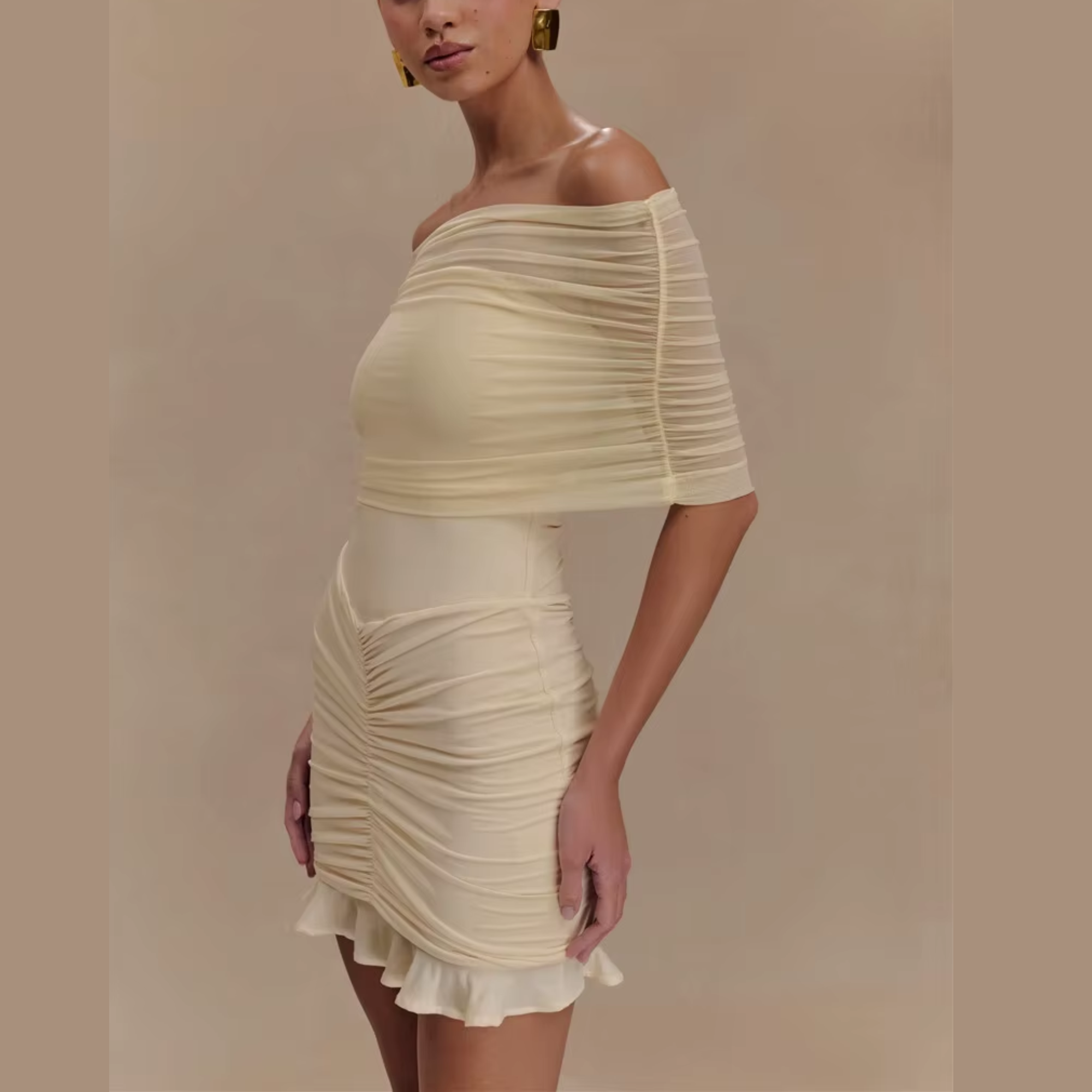 Hazel - Beige Mesh Off Shoulder Ruffled Dress