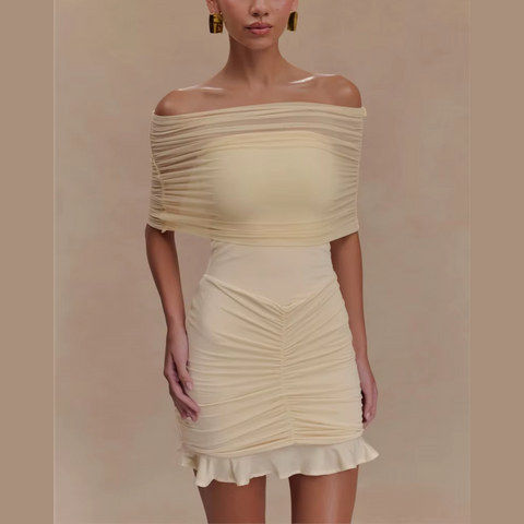 Hazel - Beige Mesh Off Shoulder Ruffled Dress