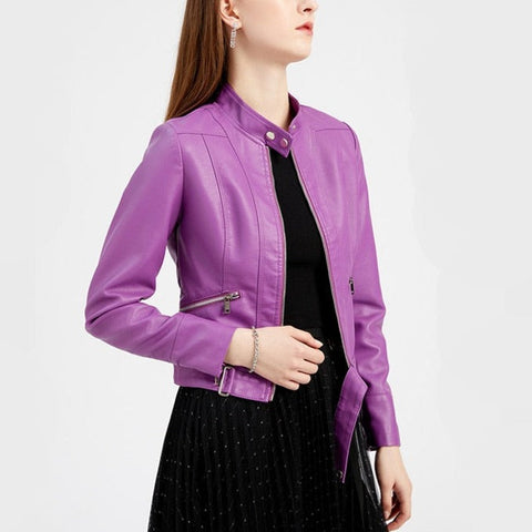 Raveena - Violet PU Leather Cropped Jacket