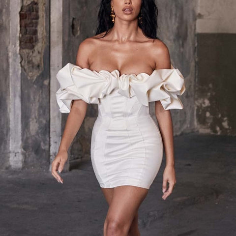 London - White Ruffle Off The Shoulder Mini Bodycon Dress