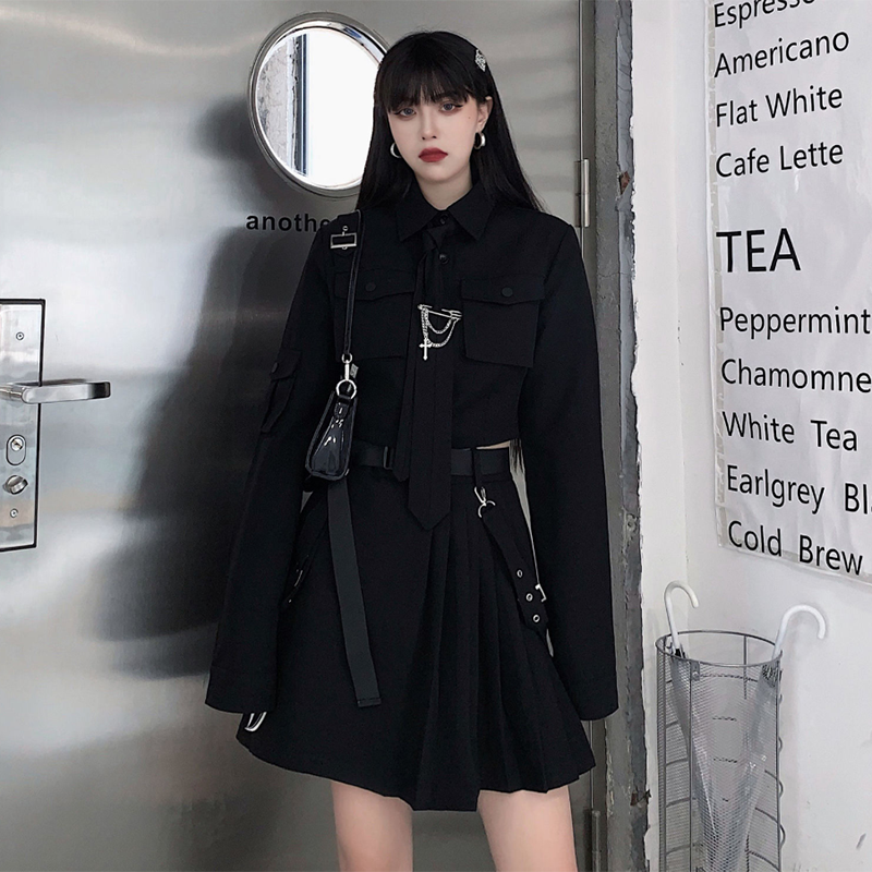 Koreanisches Gothic-Outfit-Set – Hemd und Rock