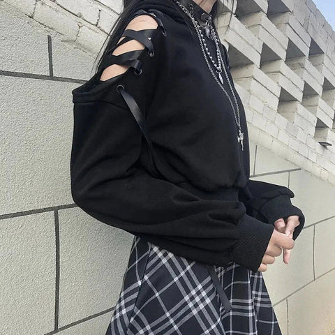 Conjunto de ropa gótica de estilo Harajuku: sudadera con capucha y minifalda