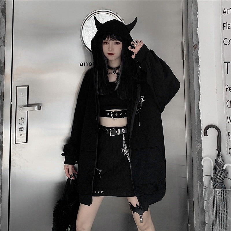 Gothic Devil Horns Zip Up Hoodie