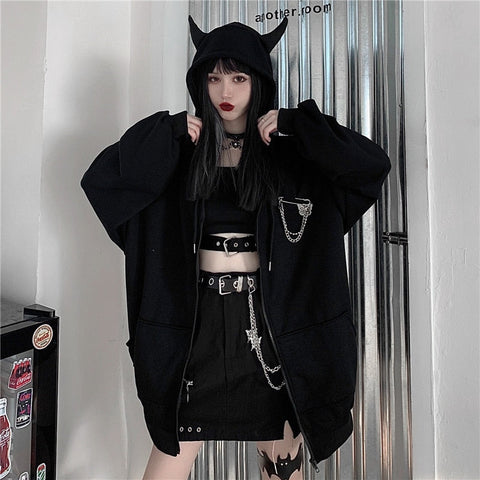 Gothic Devil Horns Zip Up Hoodie