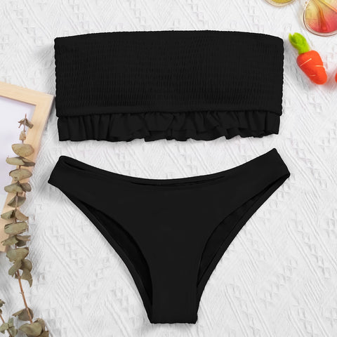 Black Smocked Ruffle Trim Bandeau Bikini Top