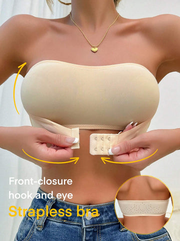 Simple Solid Front-Closure Hook And Eye Strapless Wireless Bra Beige