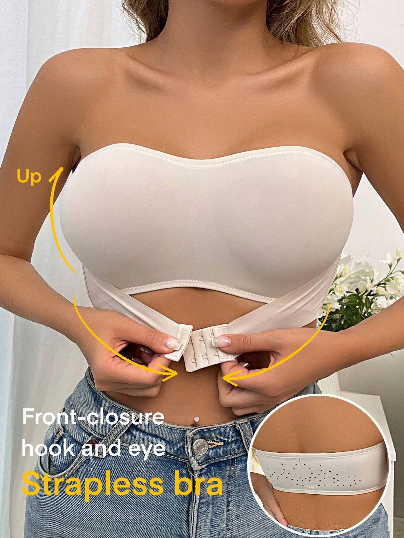 Simple Solid Front-Closure Hook And Eye Strapless Wireless Bra Ivory