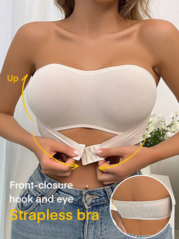 Simple Solid Front-Closure Hook And Eye Strapless Wireless Bra Ivory