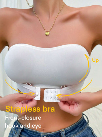 Simple Solid Front-Closure Hook And Eye Strapless Wireless Bra White