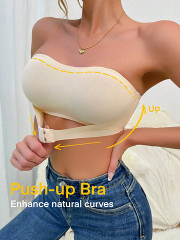 Simple Solid Front-Closure Hook And Eye Strapless Wireless Bra Beige