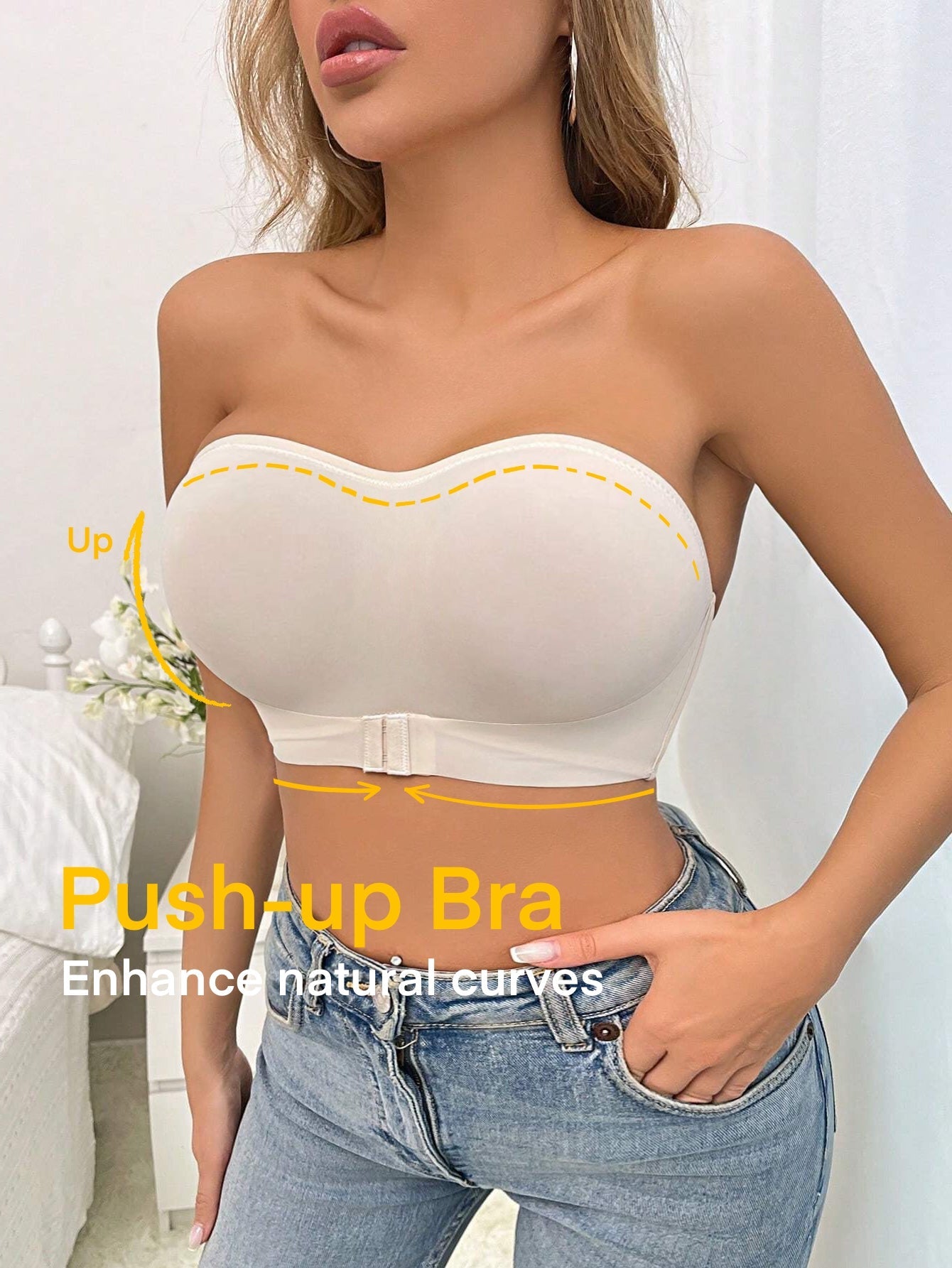 Simple Solid Front-Closure Hook And Eye Strapless Wireless Bra Ivory