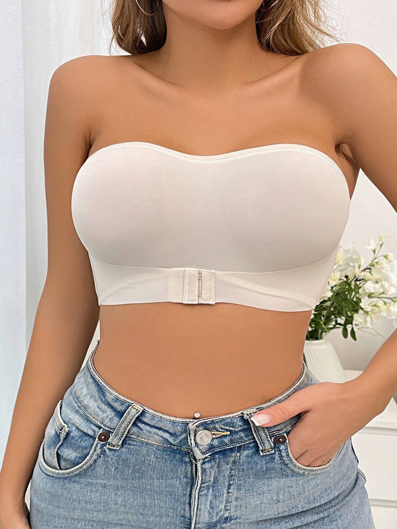 Simple Solid Front-Closure Hook And Eye Strapless Wireless Bra Ivory