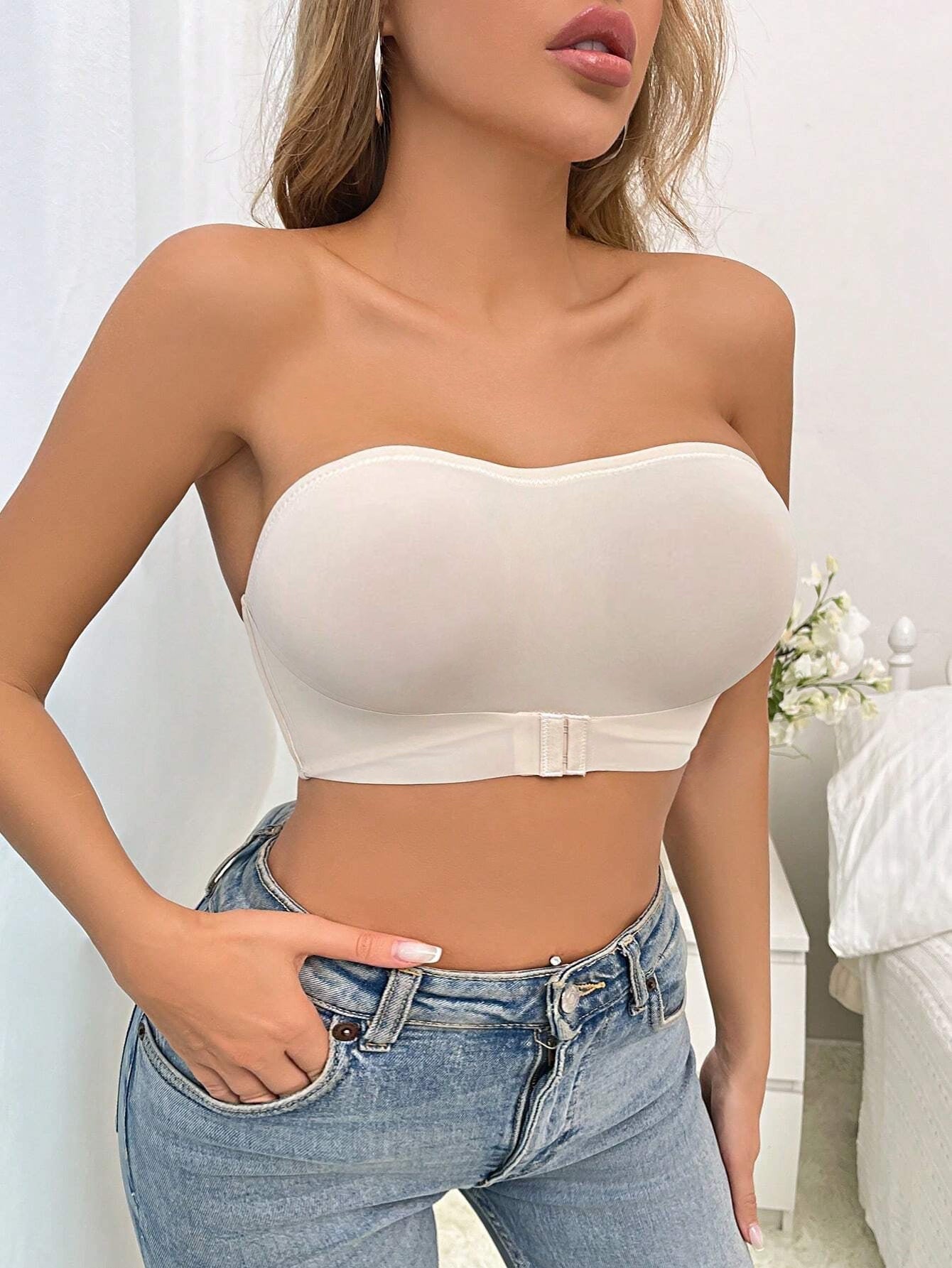 Simple Solid Front-Closure Hook And Eye Strapless Wireless Bra Ivory