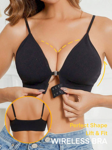 Solid Double Front Button Deep V Push-up Type Seamless & Wireless Comfortable Bra