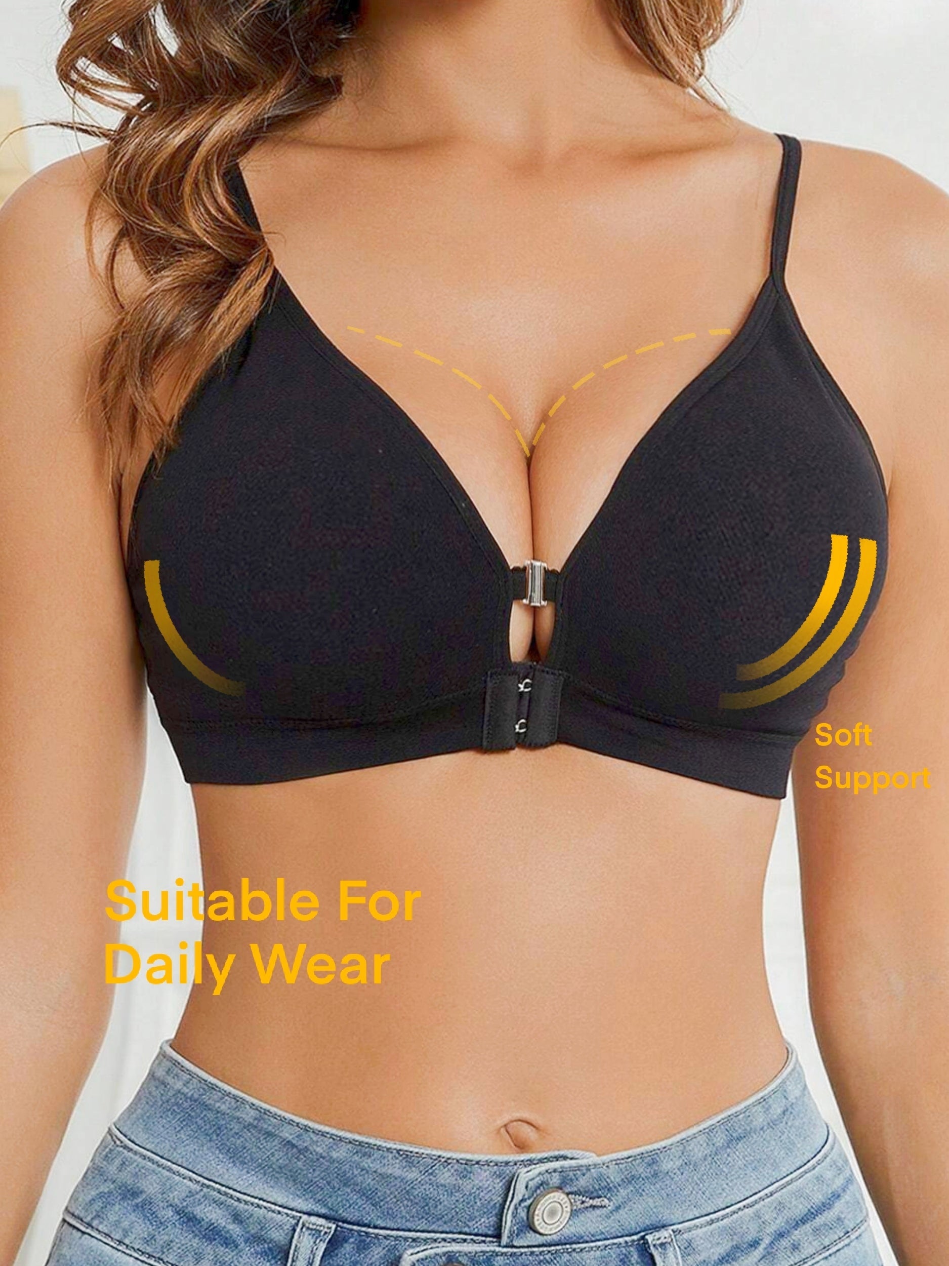 Solid Double Front Button Deep V Push-up Type Seamless & Wireless Comfortable Bra