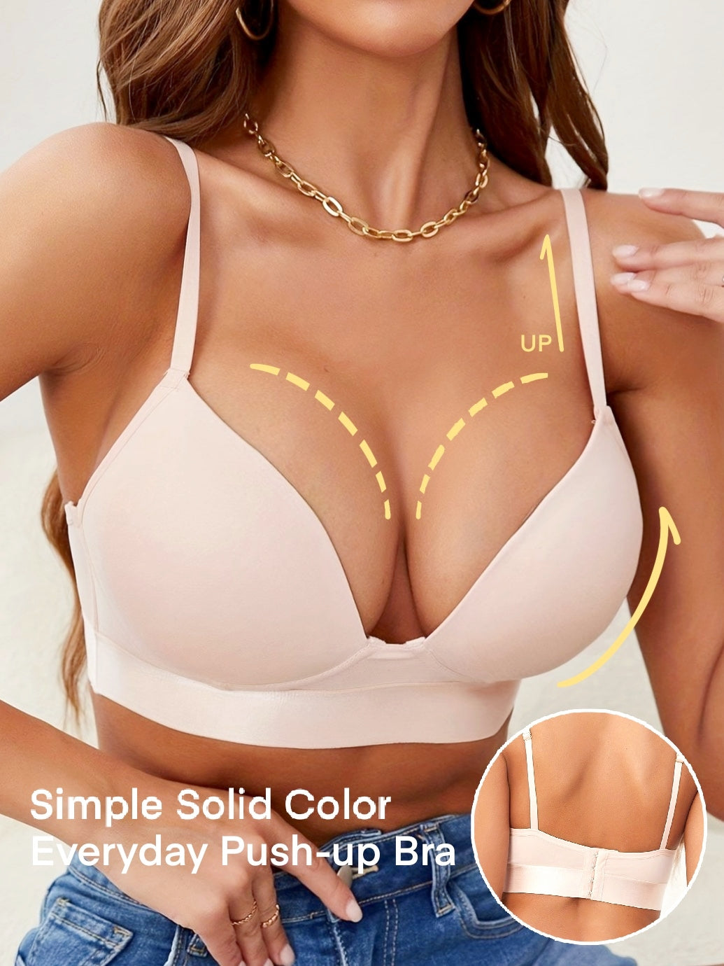 Simple Solid Push Up Bra, Comfy & Breathable Everyday Bra Ivory