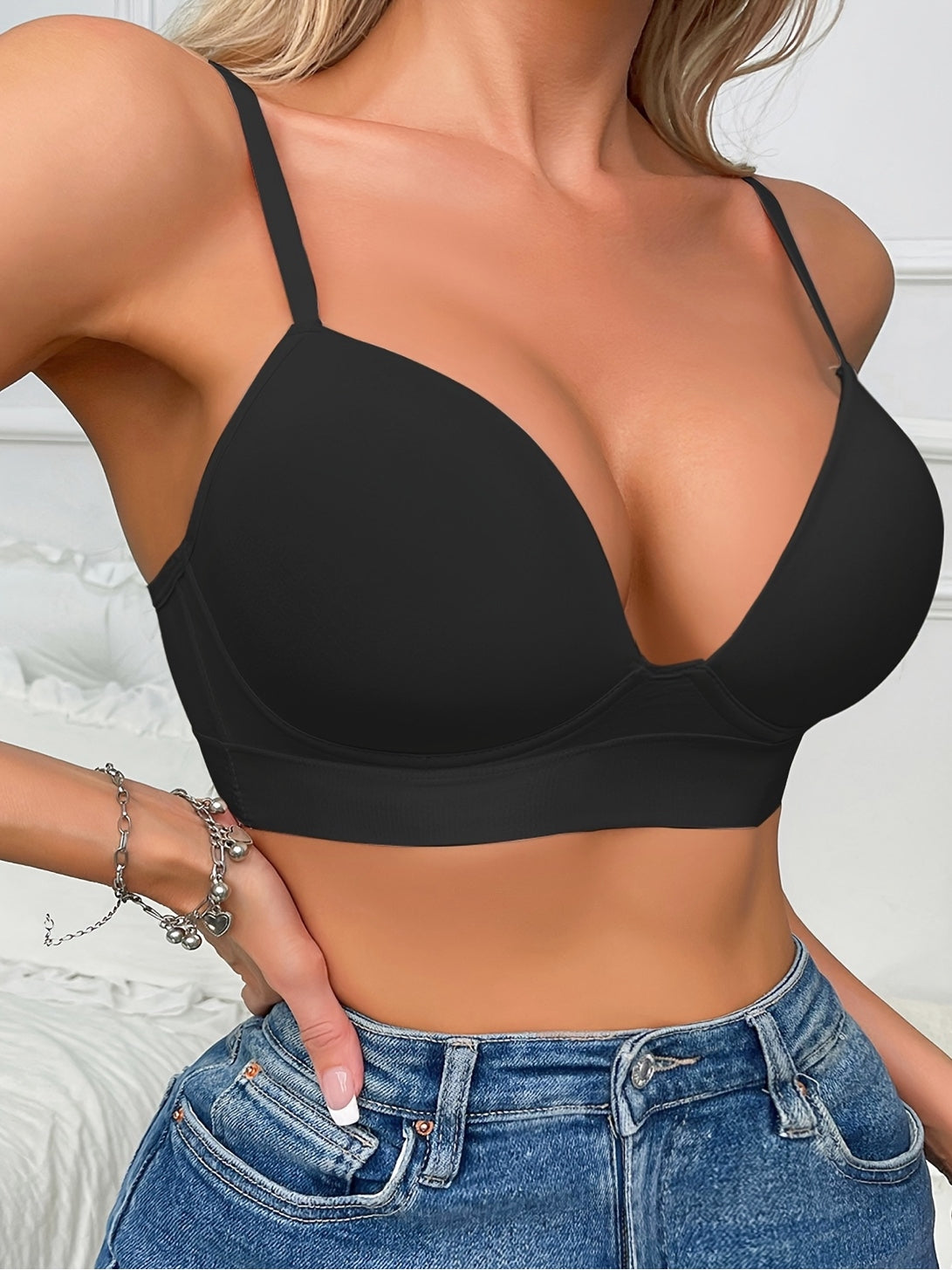 Simple Solid Push Up Bra, Comfy & Breathable Everyday Bra Black