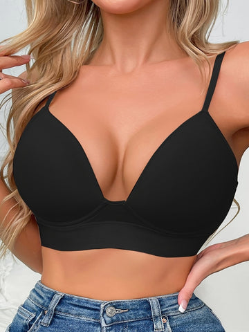 Simple Solid Push Up Bra, Comfy & Breathable Everyday Bra Black