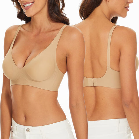 Wirefree Seamless Bra for Women Invisible Deep V Plunge Bra with Removeable Padding Tan