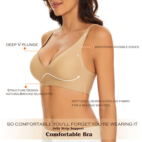 Wirefree Seamless Bra for Women Invisible Deep V Plunge Bra with Removeable Padding Tan