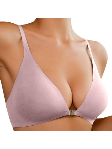 Comfortable Adjustable Straps Deep V Front Button Solid Color Wireless Bra Pink