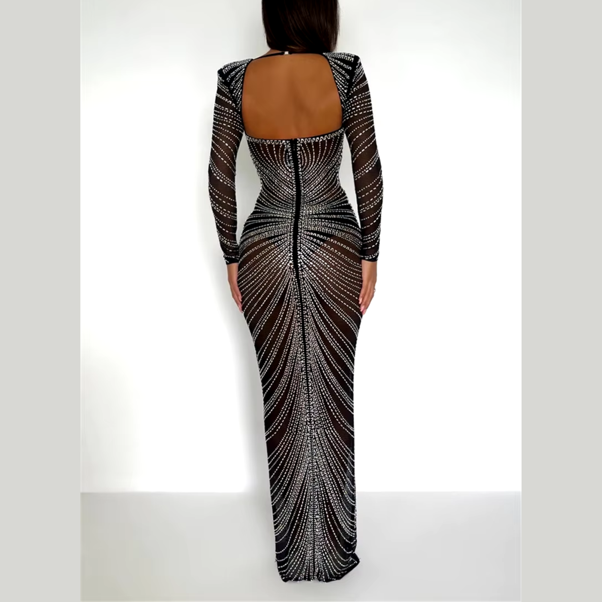 Letitia - Black Mesh Silver Embellished Maxi Bodycon Dress