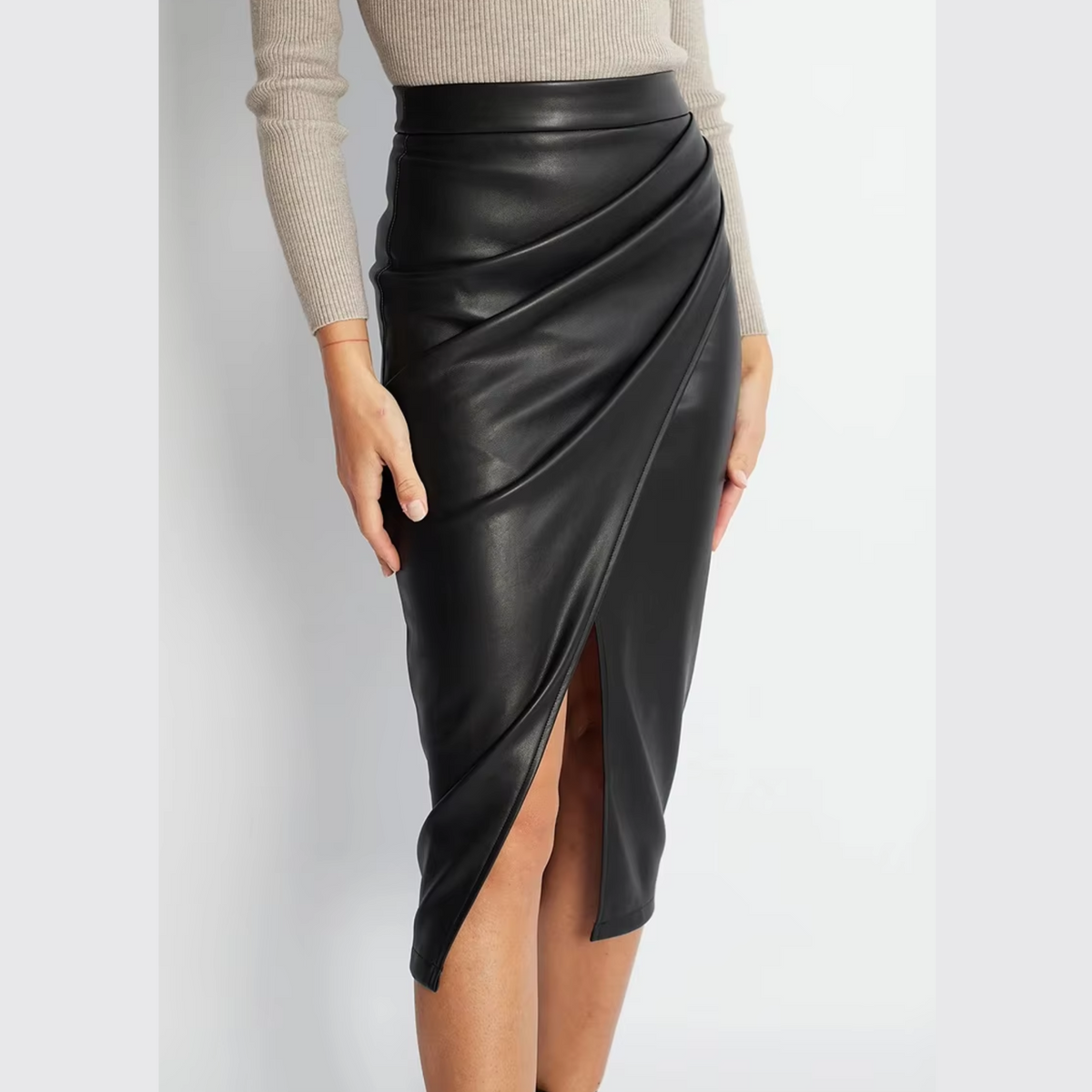 Matalia - High Waist Faux Leather Midi Skirt
