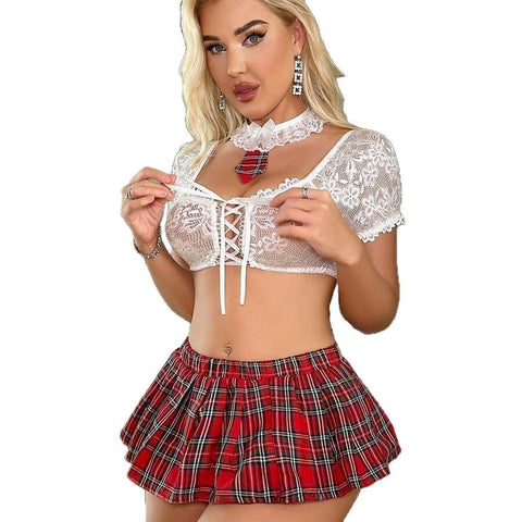 Lingerie Lace Top JK Plaid Skirt