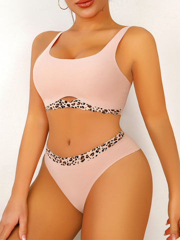 Hohles Leoparden-Push-Up-BH-Set mit atmungsaktivem Pink