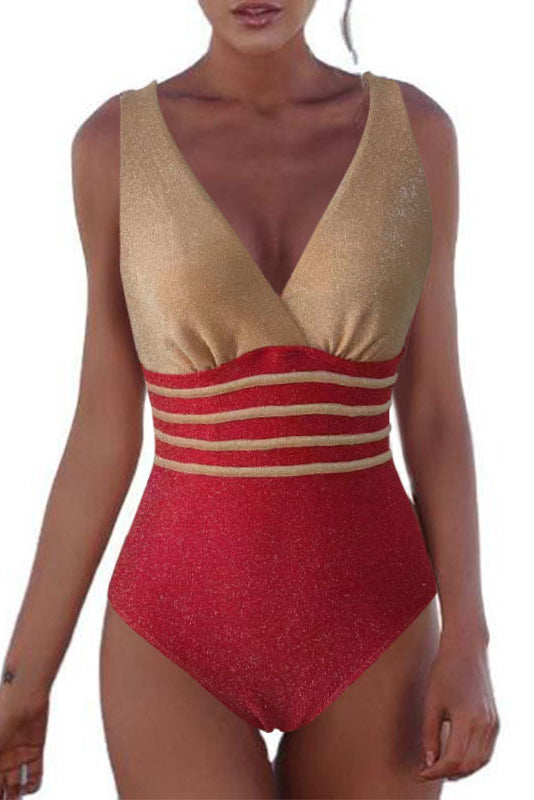 RED STRIPE PATCHWORK ONE-PIECE SWIMSUIT