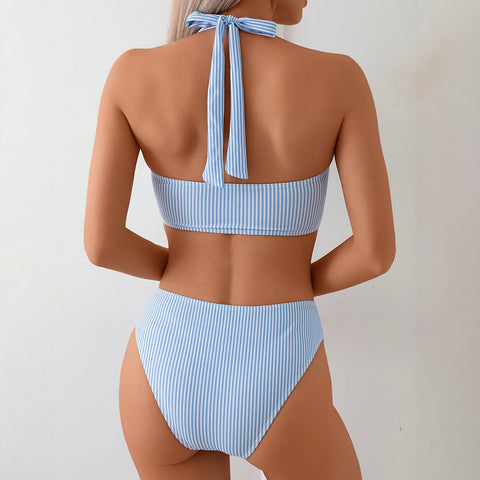 Gelb gestreifte High-Rise-Bikinihose mit Fliege