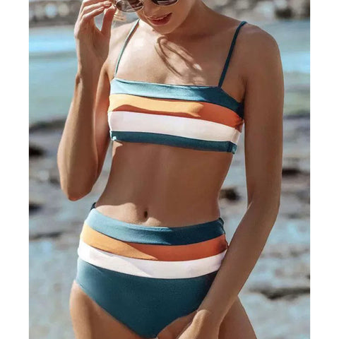 Light Blue Striped High Waisted Bikini Bottom