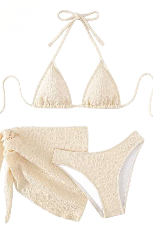 Summer Beach Plain Halter Push Up Bikini Set With Beach Skirt