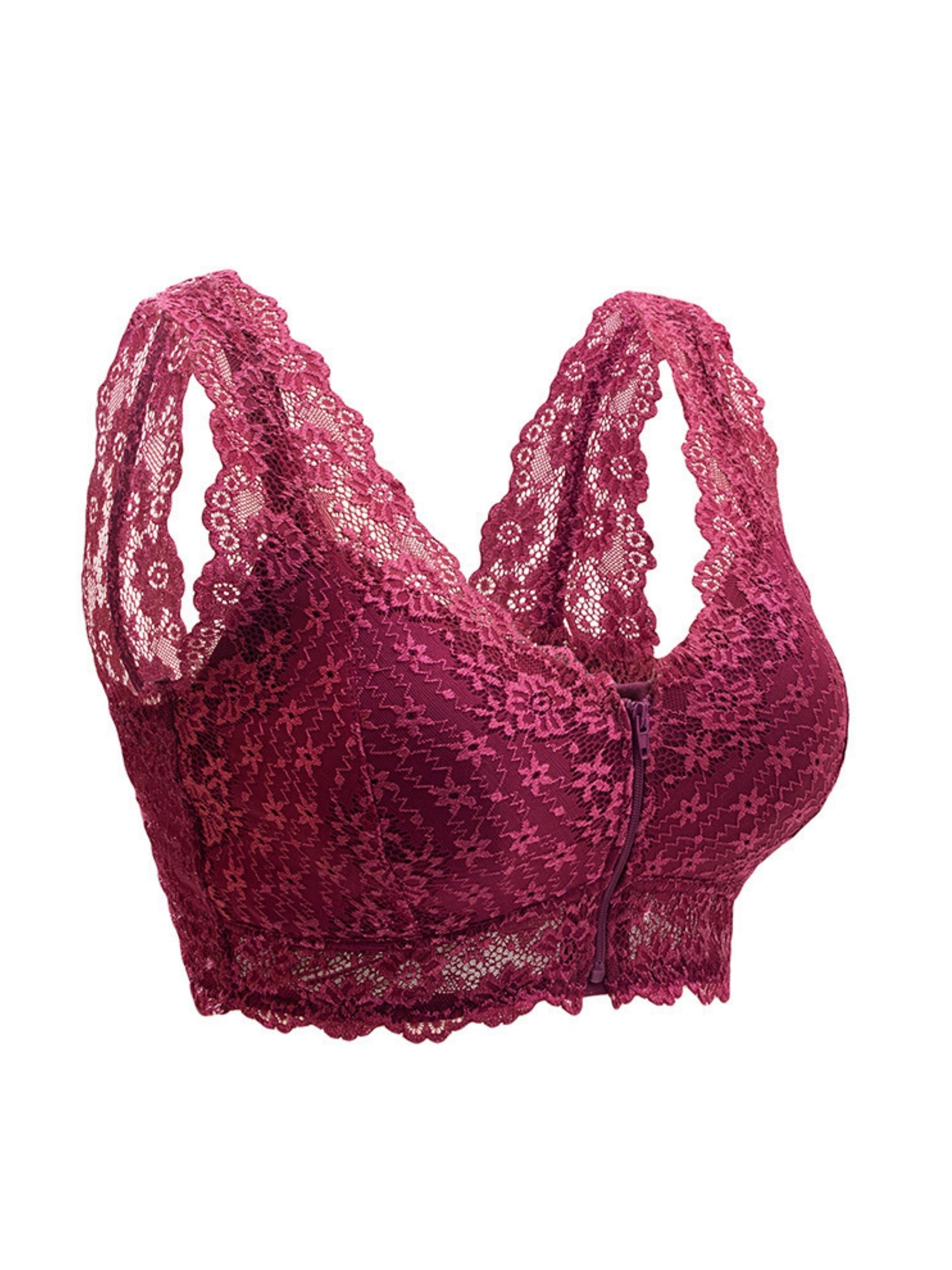 Women's Lace Front Closure Padded Everyday Short Bra .Plus Size VioletRed