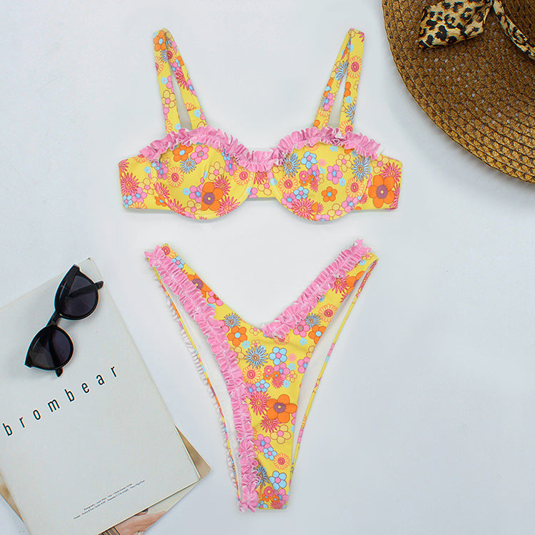 Braguita de bikini con escote en V y volantes con estampado floral rosa