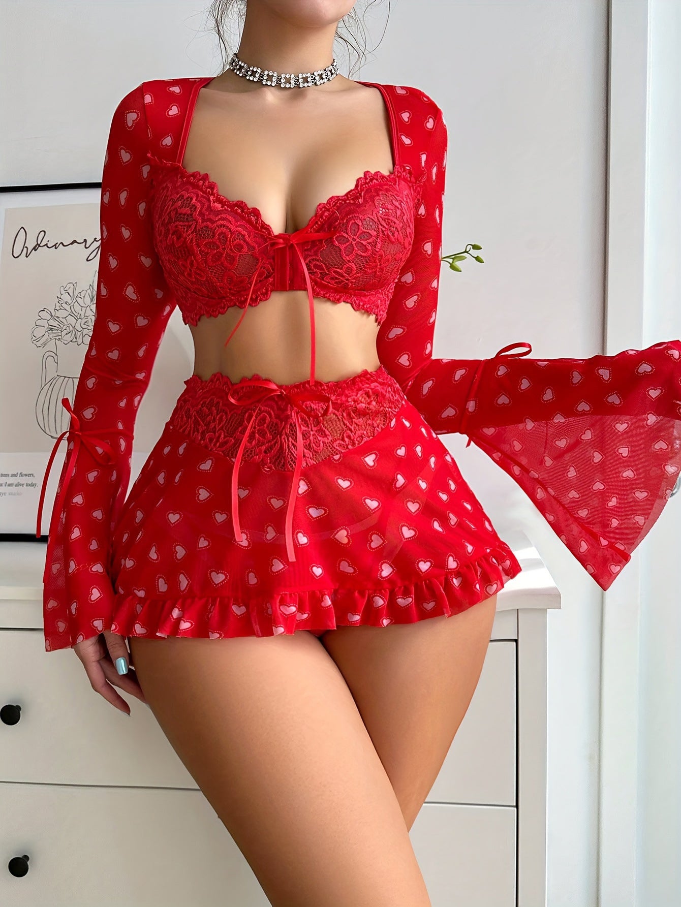 Long Sleeve Sweetheart Neck Lingerie Set with Skirt G-string