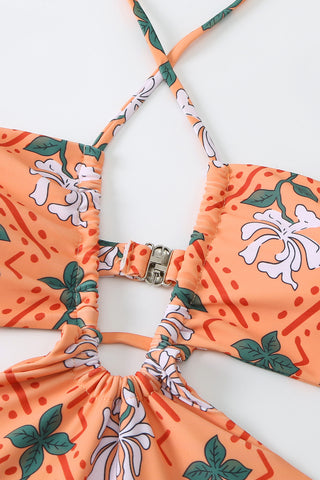 Floral Printed Cutouts Halter One Piece Swimsuit - Orange