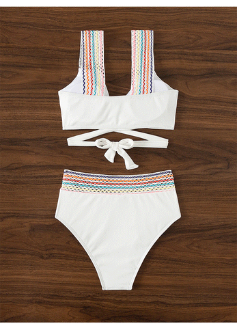 COLORFUL WAVY RIBBED BIKINI SET  -  WHITE