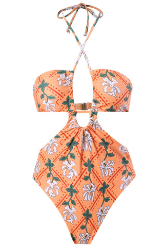 Floral Printed Cutouts Halter One Piece Swimsuit - Orange