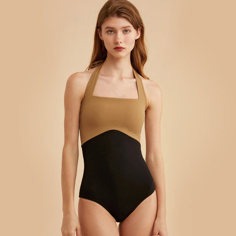 Color Block Halter One Piece Swimsuit