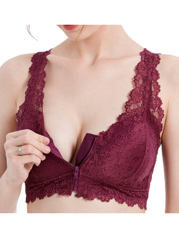 Women's Lace Front Closure Padded Everyday Short Bra .Plus Size VioletRed