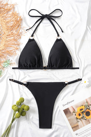 Bikini con aros y cuello halter para playa en verano - Negro