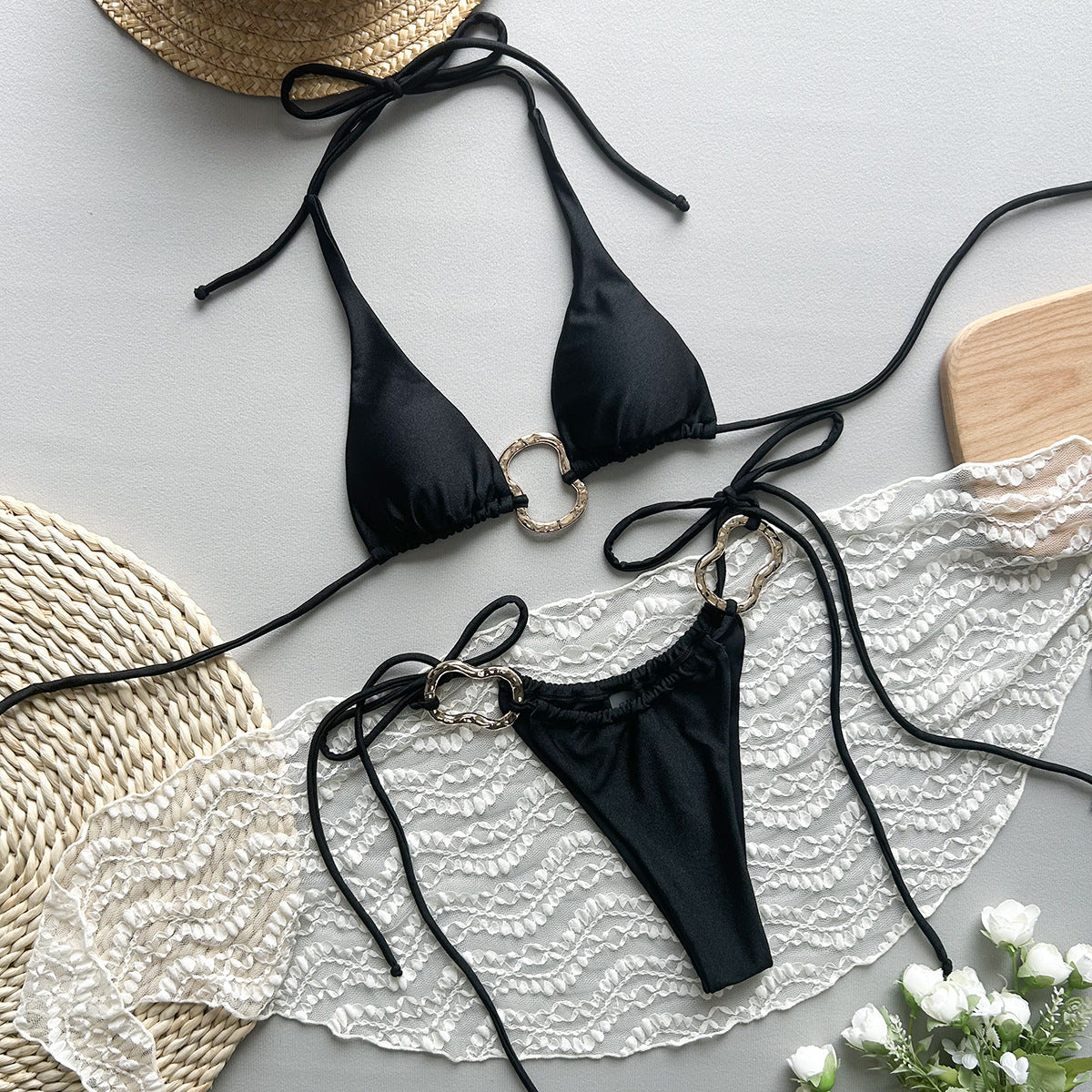 Bikini Solid Color Lace-Up Swimsuit