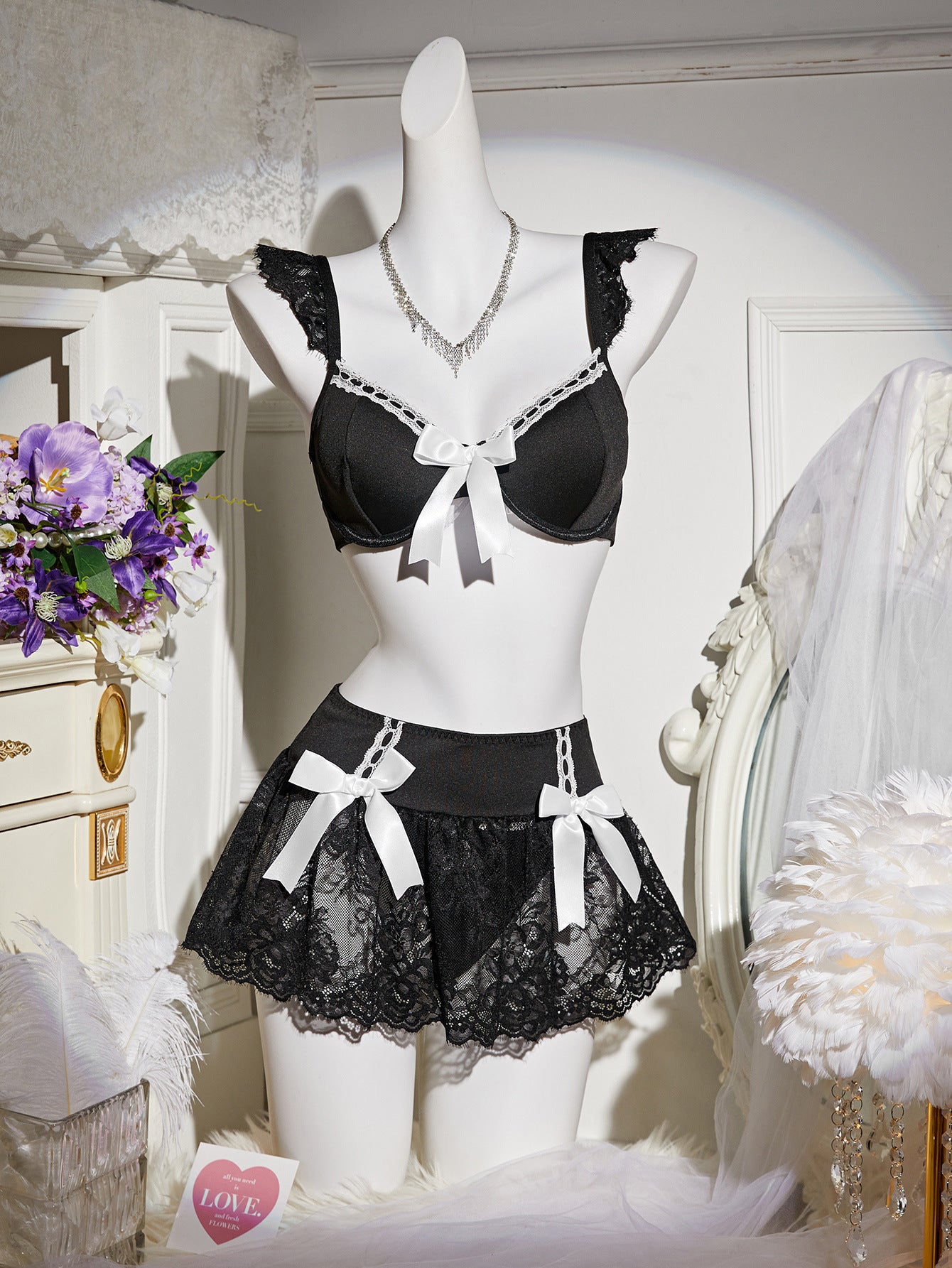 Bow Tie Contrast Lace Decor Lingerie Set Skirt