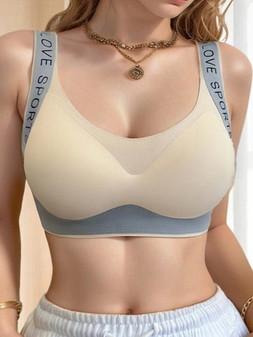 Sujetador push up sin costuras, cómodo y transpirable con tirantes anchos y estampado de letras en color beige