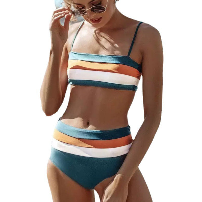 Light Blue Striped High Waisted Bikini Bottom