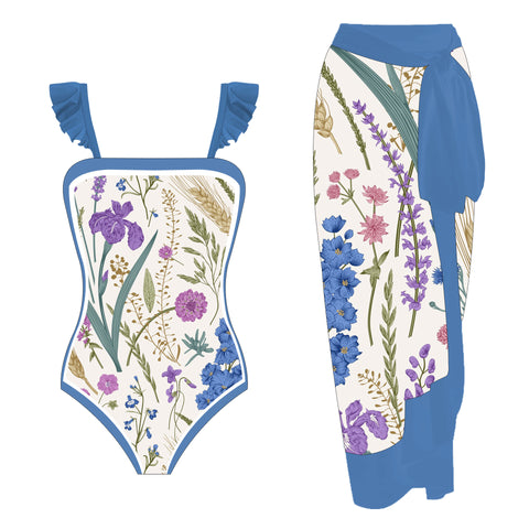 BADEANZUG MIT BLUMENPRINT - Blau