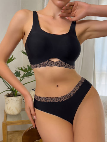 Hohles Leoparden-Push-Up-BH-Set mit atmungsaktivem Schwarz